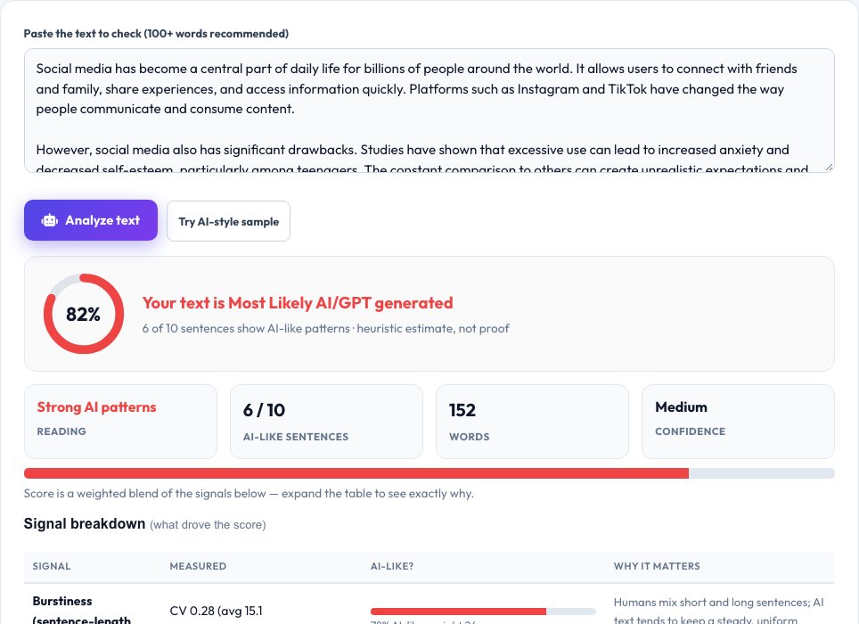 Screenshot of the free AI Text Detector tool on AZRS QuickFix