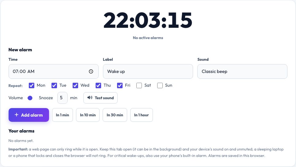 Screenshot of the free Online Alarm Clock tool on AZRS QuickFix