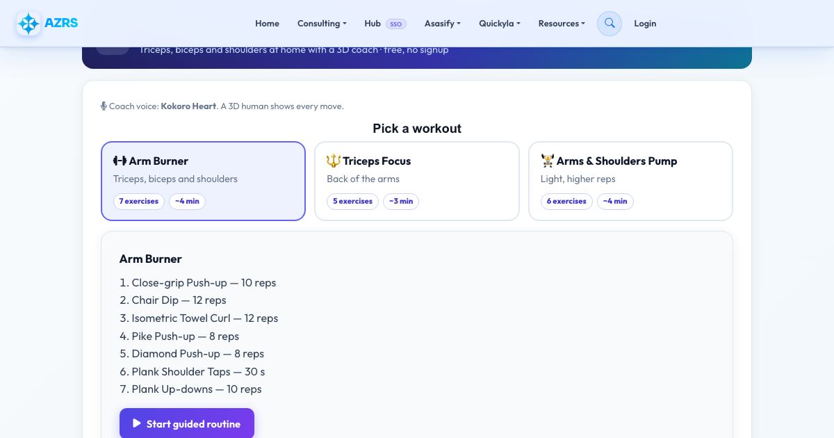 Screenshot of the free Arm Workout No Equipment (Voice Guided) tool on AZRS QuickFix