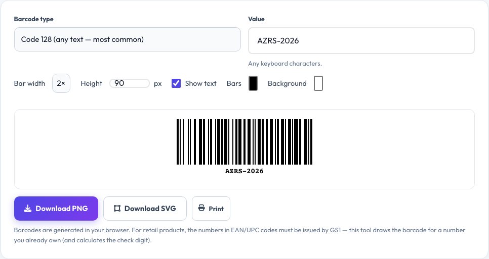 Screenshot of the free Barcode Generator tool on AZRS QuickFix