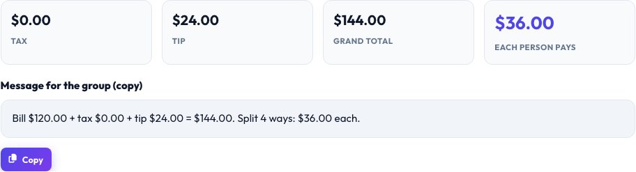 Step 2 — Bill Splitter & Tip Calculator result