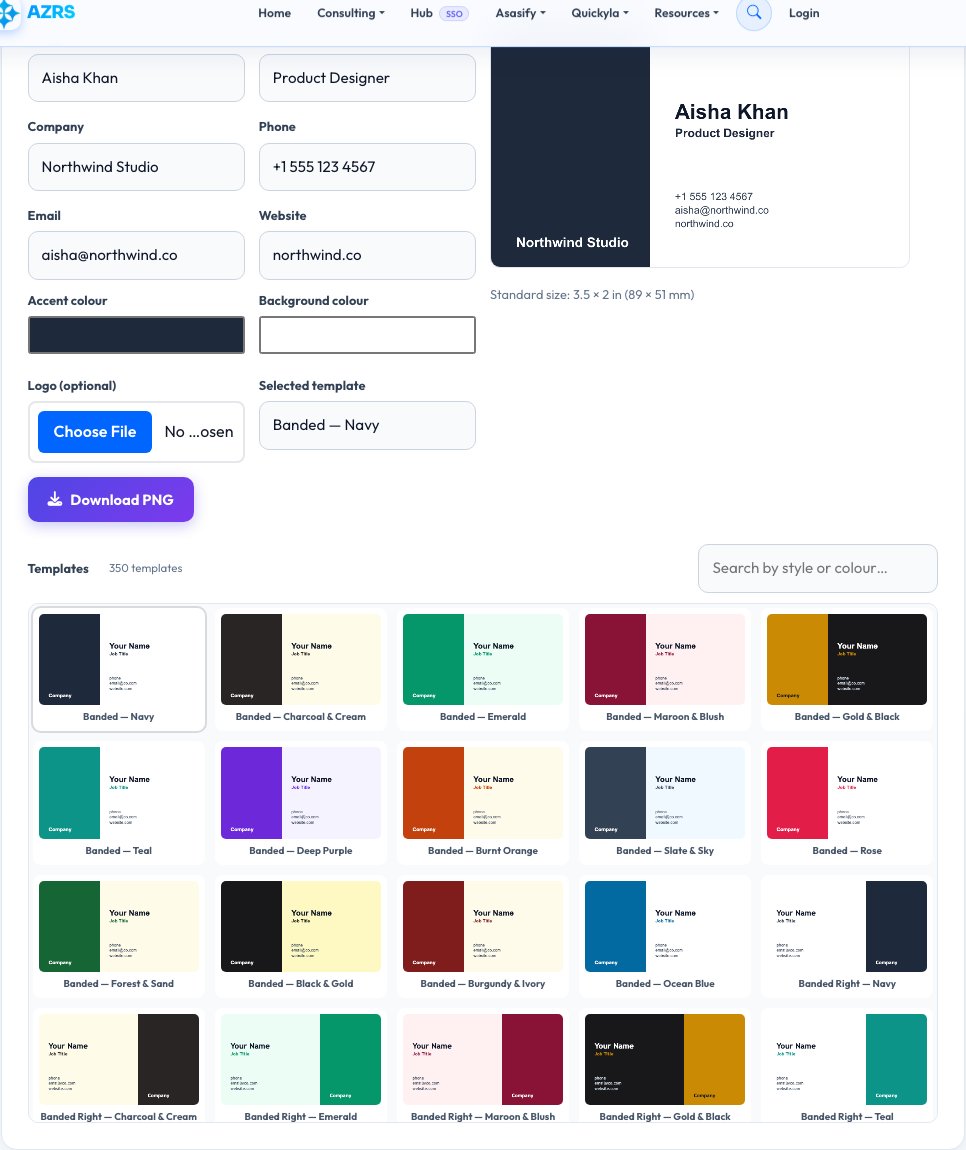 Screenshot of the free Business Card Maker tool on AZRS QuickFix