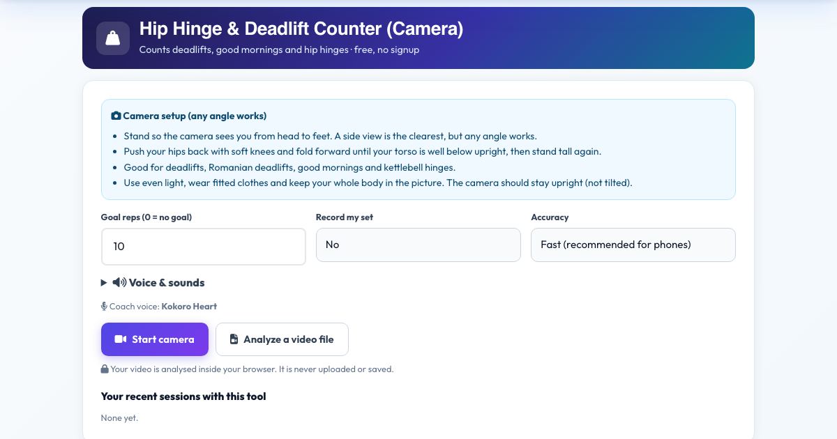 Screenshot of the free Hip Hinge & Deadlift Counter (Camera) tool on AZRS QuickFix