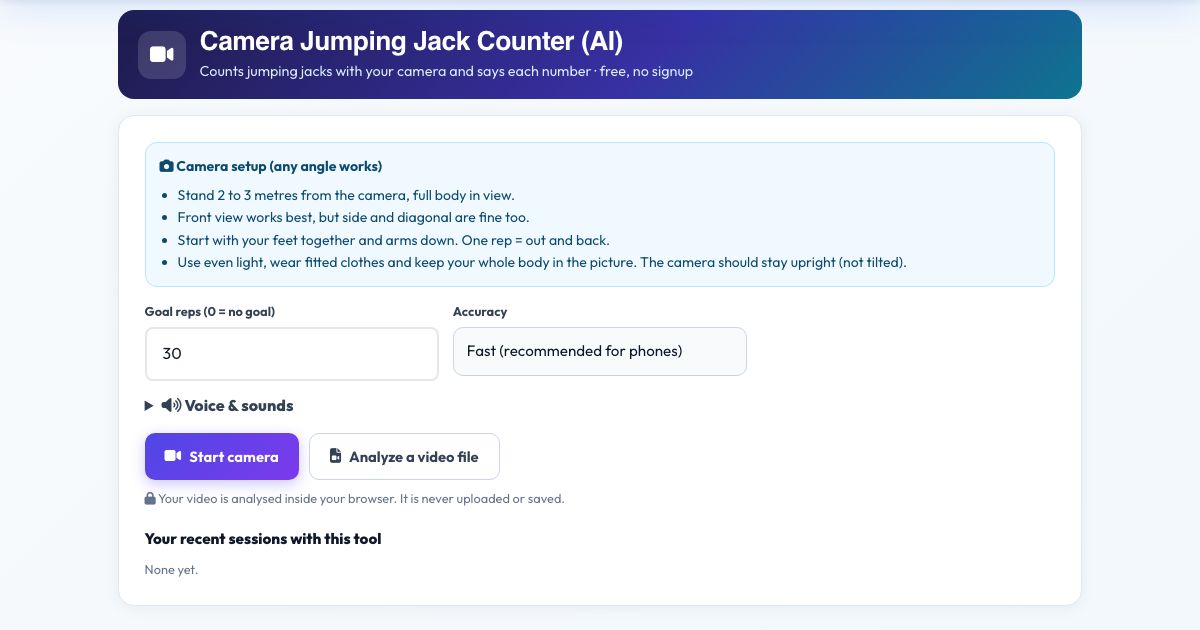 Screenshot of the free Camera Jumping Jack Counter (AI) tool on AZRS QuickFix