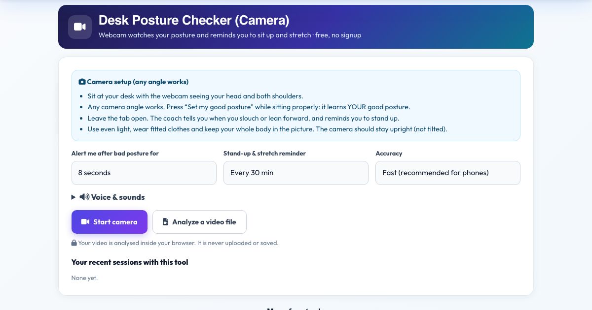 Screenshot of the free Desk Posture Checker (Camera) tool on AZRS QuickFix