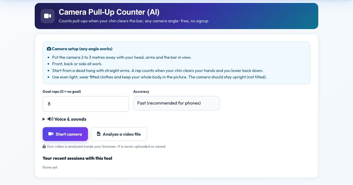 Screenshot of the free Camera Pull-Up Counter (AI) tool on AZRS QuickFix
