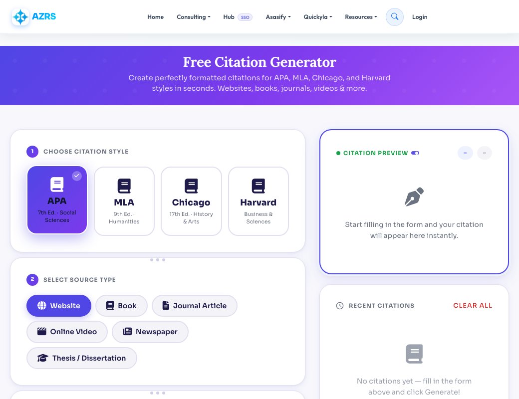 Screenshot of the free Free Citation Generator: APA, MLA & Chicago tool on AZRS QuickFix