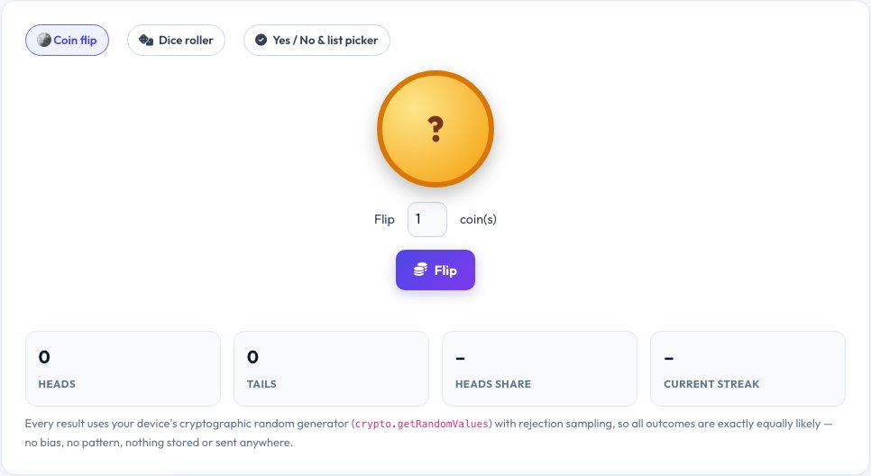 Screenshot of the free Coin Flip, Dice Roller & Random Picker tool on AZRS QuickFix