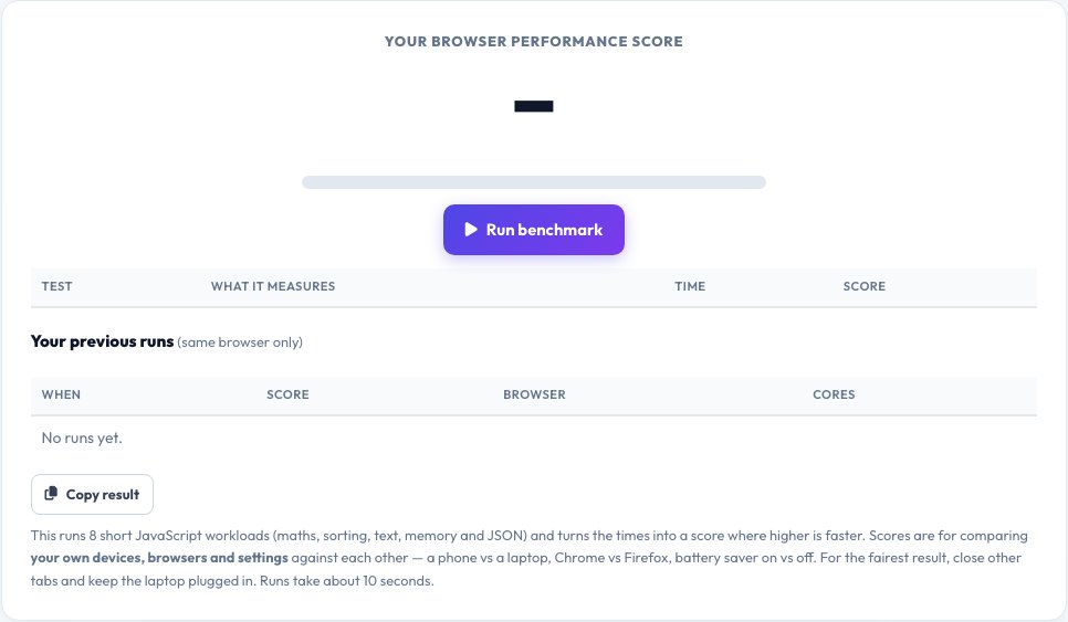 Screenshot of the free Computer Speed Test (Browser Benchmark) tool on AZRS QuickFix