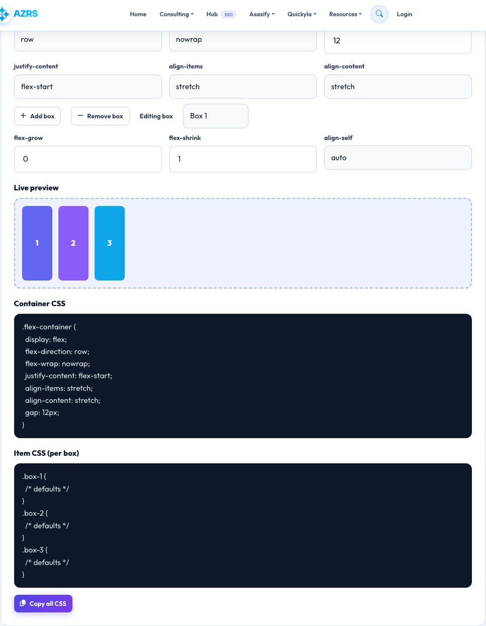 Screenshot of the free CSS Flexbox Playground & Generator tool on AZRS QuickFix