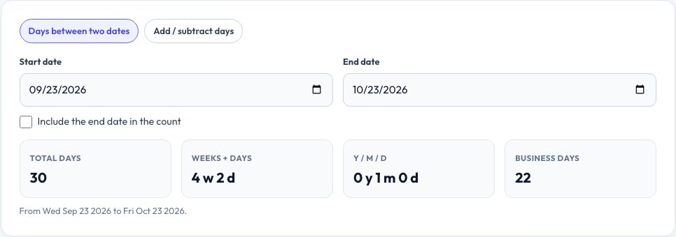 Screenshot of the free Days Between Dates Calculator tool on AZRS QuickFix