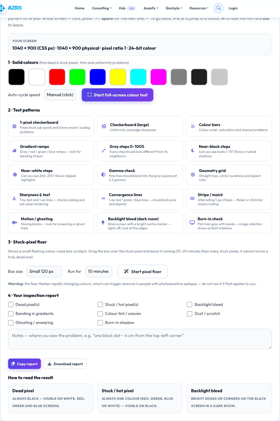 Screenshot of the free Dead Pixel Test & Screen Checker tool on AZRS QuickFix