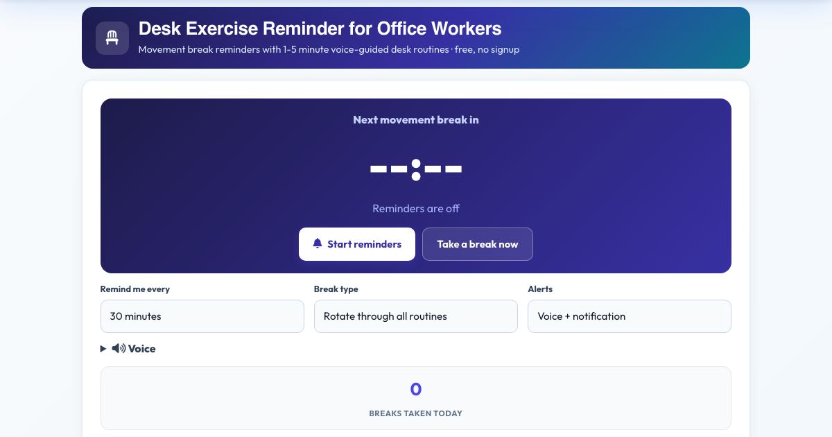 Screenshot of the free Desk Exercise Reminder for Office Workers tool on AZRS QuickFix