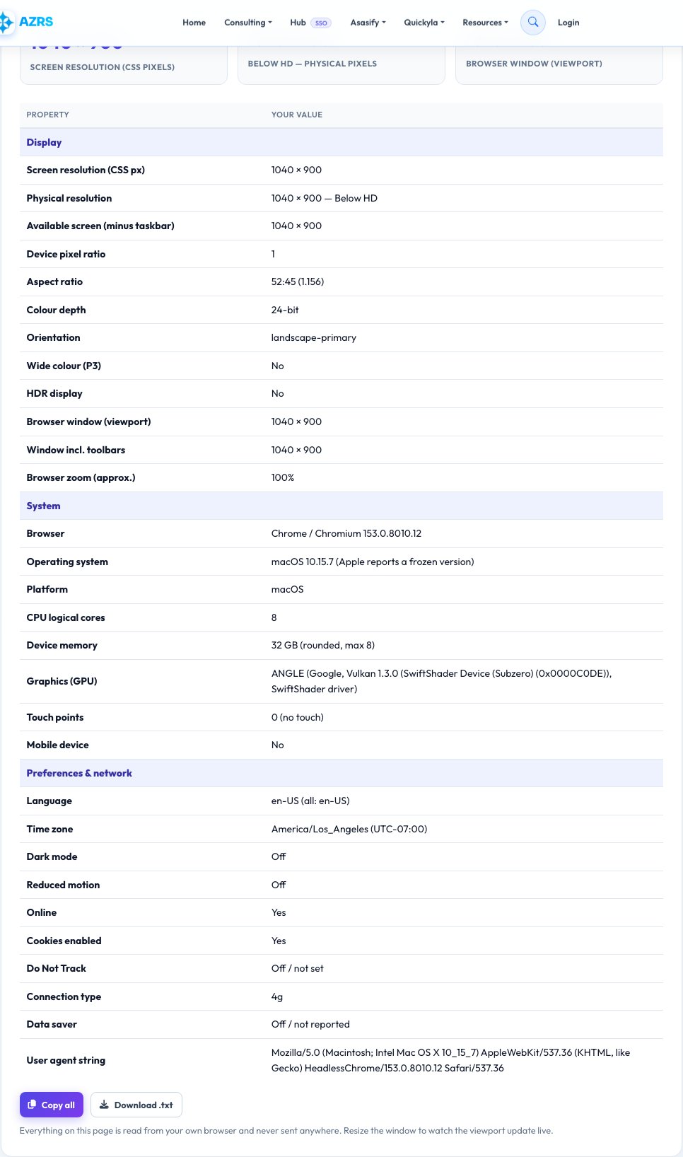 Screenshot of the free What Is My Screen Resolution & Device Info tool on AZRS QuickFix