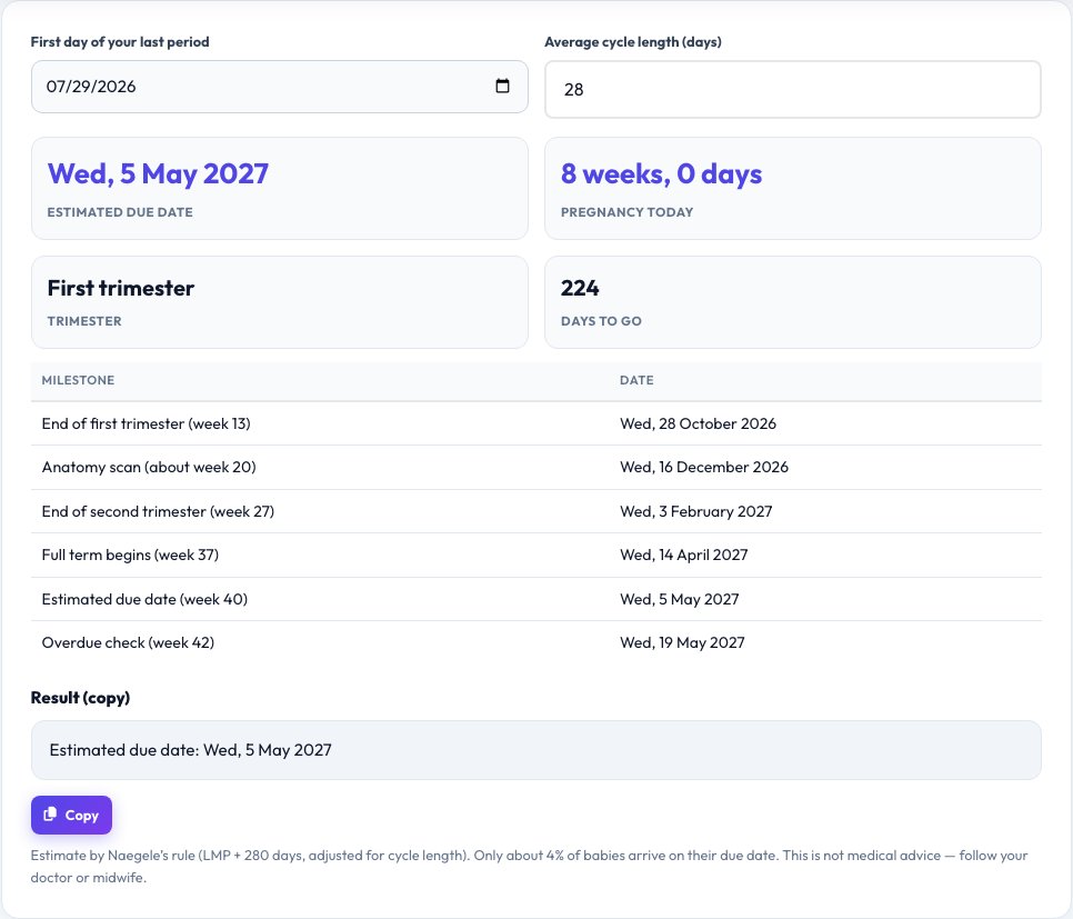 Step 1 — starting Pregnancy Due Date Calculator on AZRS QuickFix