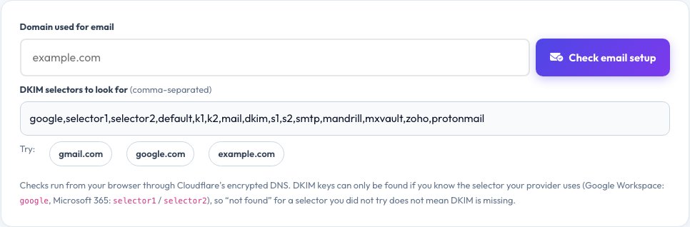 Screenshot of the free Email Setup Checker (SPF, DKIM, DMARC, MX) tool on AZRS QuickFix