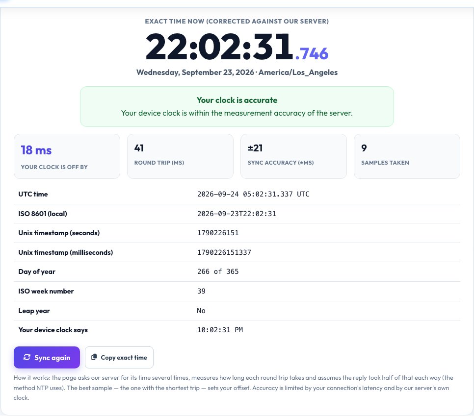 Screenshot of the free Exact Time & Clock Accuracy Check tool on AZRS QuickFix