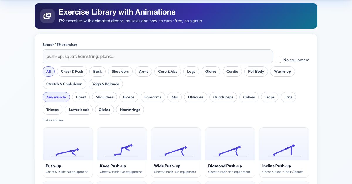 Screenshot of the free Exercise Library with Animations tool on AZRS QuickFix