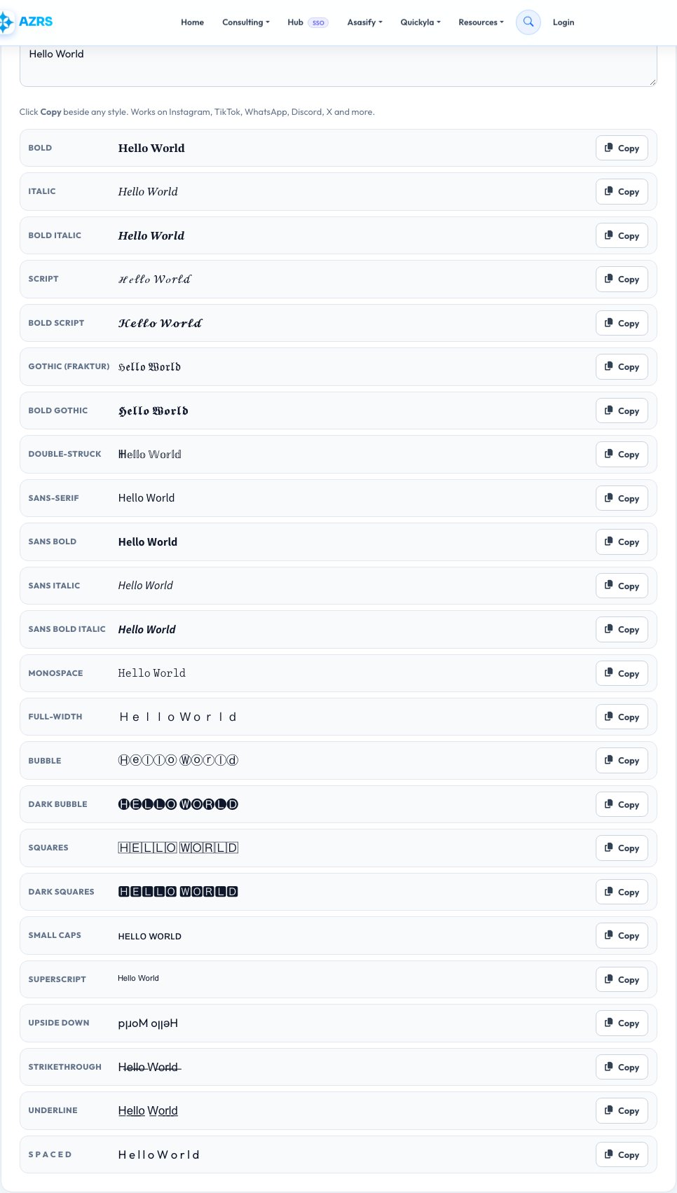 Screenshot of the free Fancy Text Generator tool on AZRS QuickFix