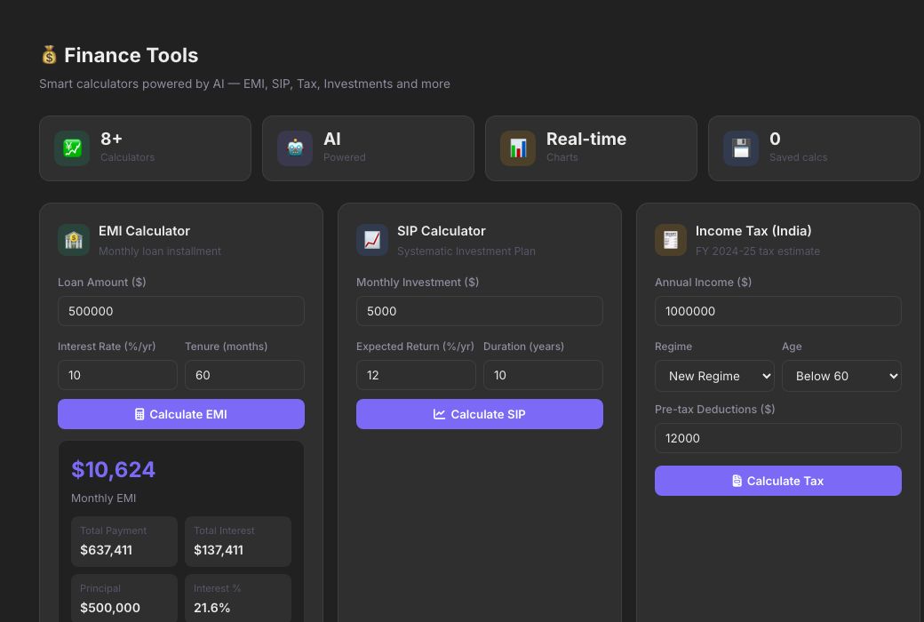 Screenshot of the free Finance Tools — Free EMI, SIP, Tax & FD Calculator tool on AZRS QuickFix