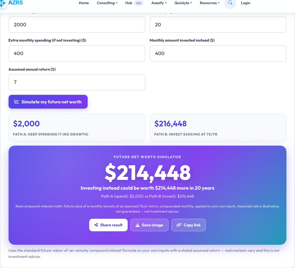 Screenshot of the free Future Net Worth Simulator — Spend vs Invest tool on AZRS QuickFix