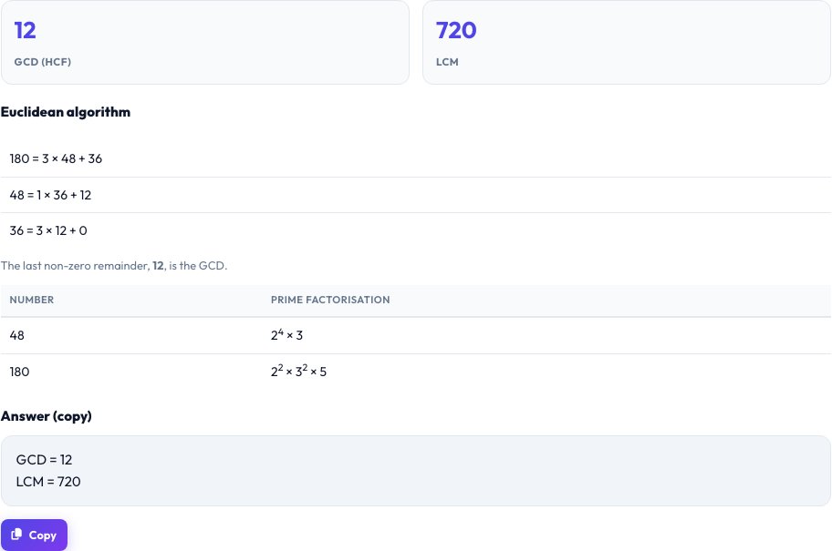 Step 2 — GCD & LCM Calculator result