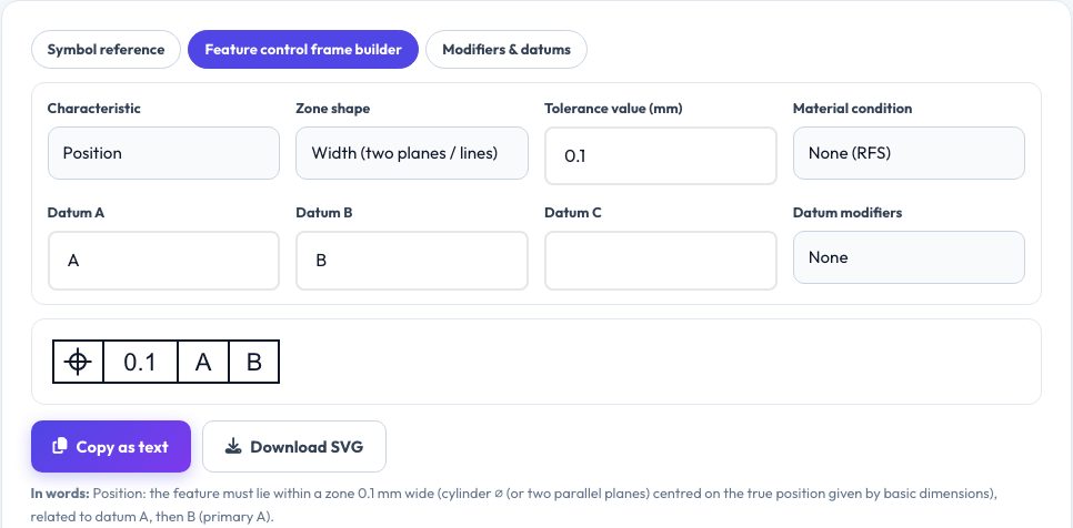 Screenshot of the free GD&T Symbols Reference & Feature Control Frame Builder tool on AZRS QuickFix