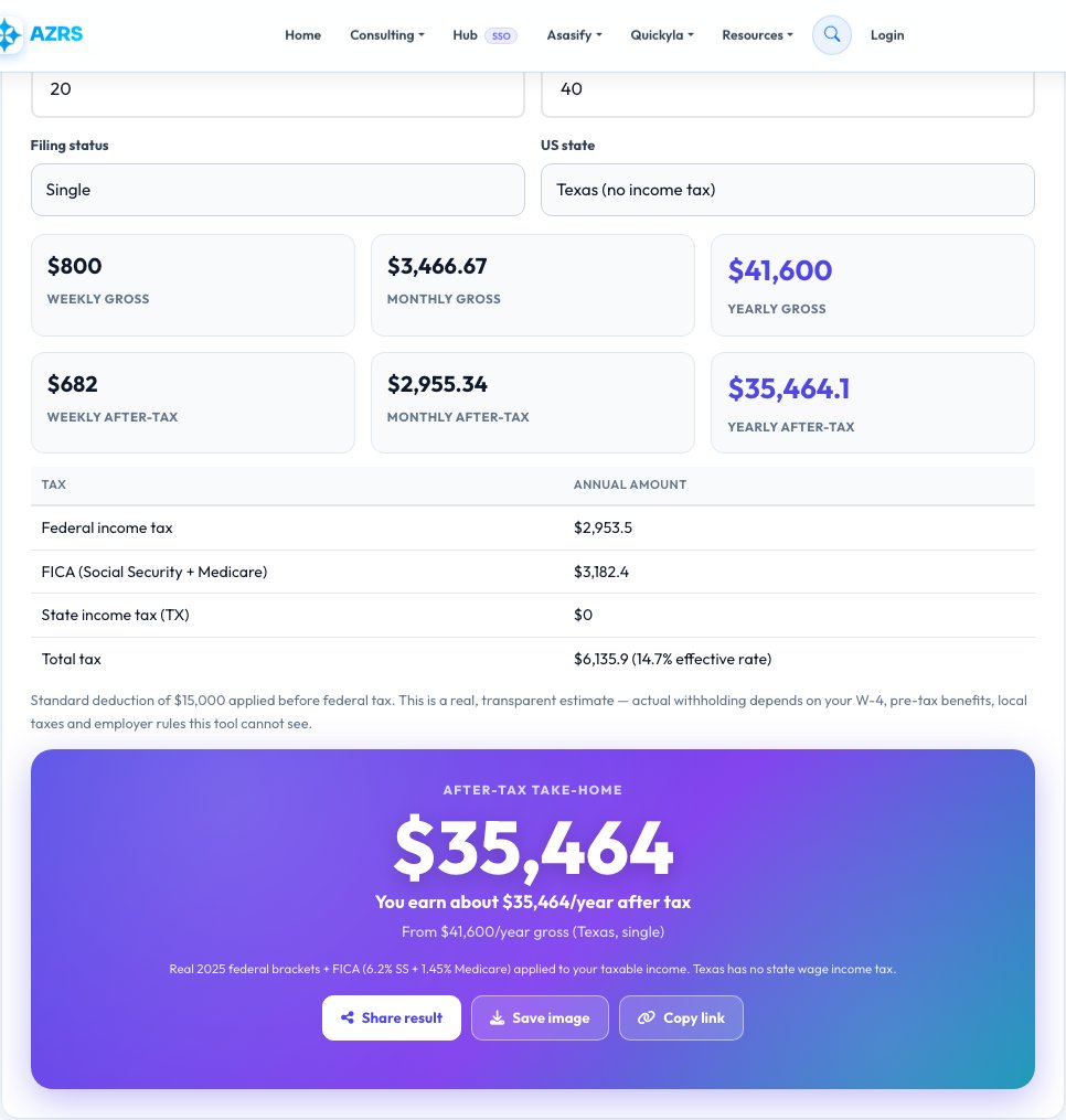 Step 1 — starting Hourly to Salary Calculator (After Tax) on AZRS QuickFix