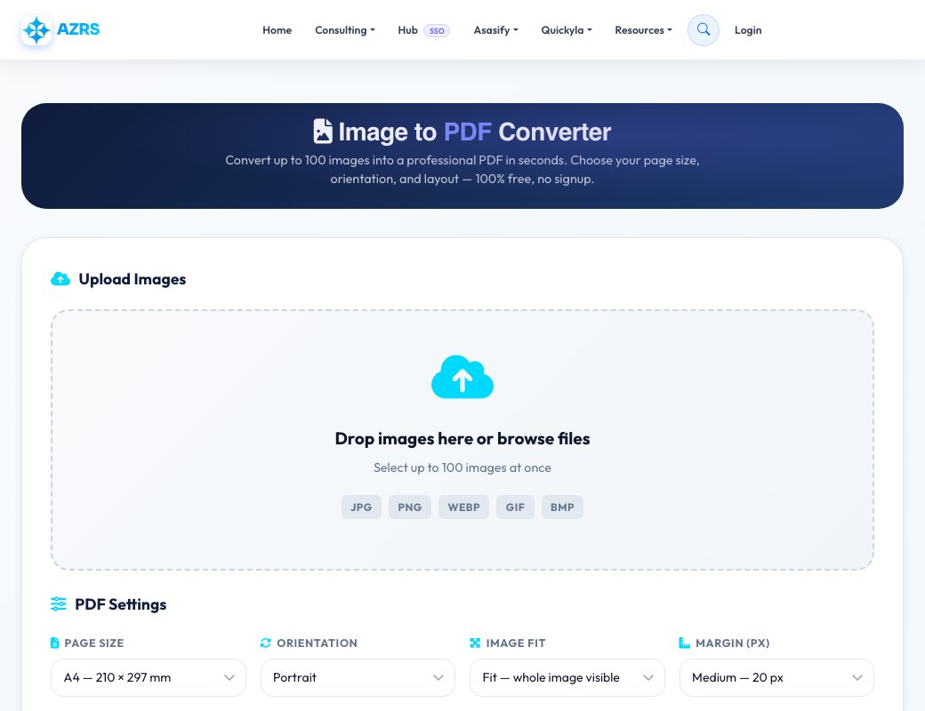 Screenshot of the free Free Image to PDF Converter tool on AZRS QuickFix