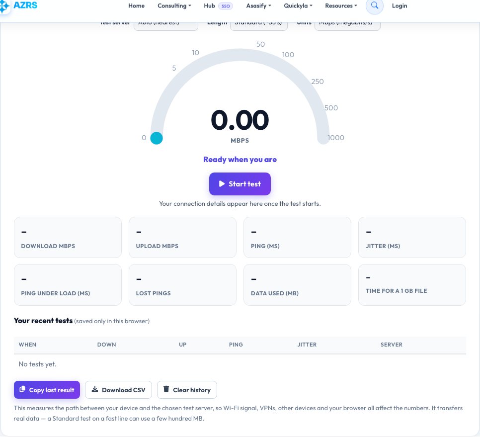 Screenshot of the free Internet Speed Test tool on AZRS QuickFix