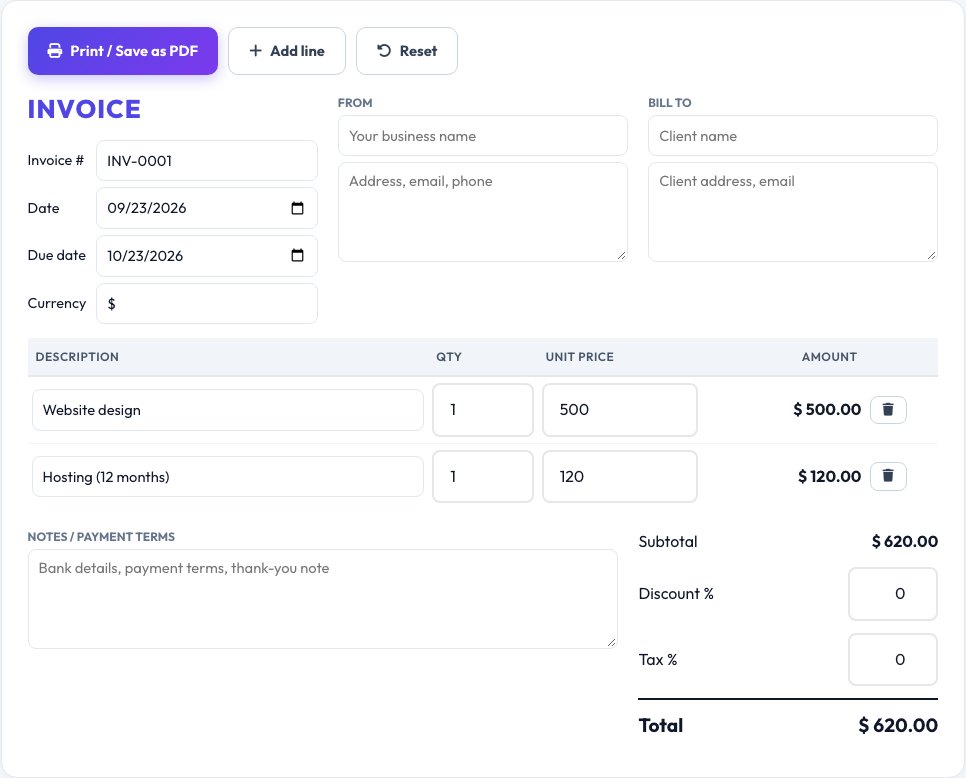 Screenshot of the free Invoice Generator tool on AZRS QuickFix