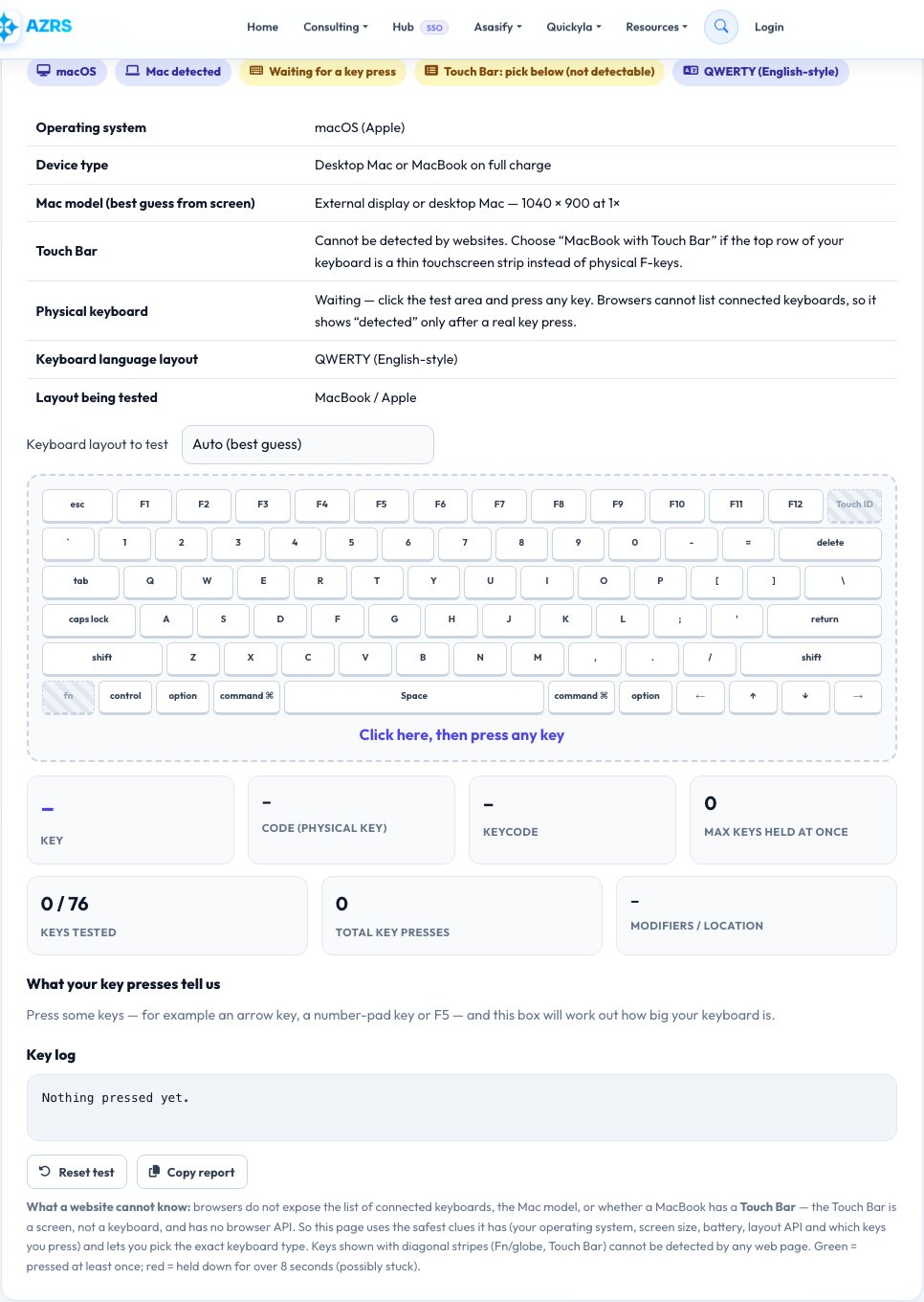 Screenshot of the free Keyboard Tester tool on AZRS QuickFix