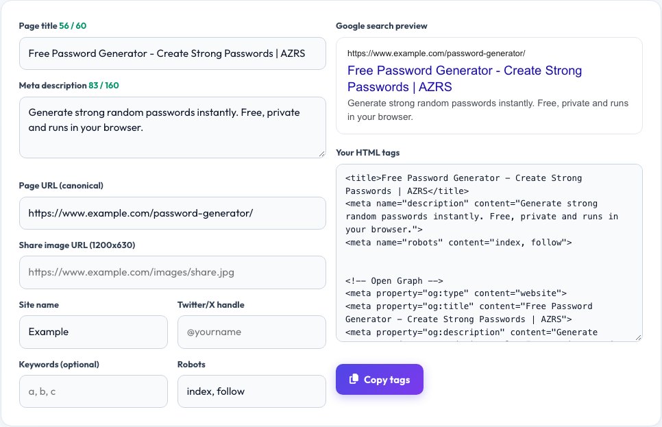 Screenshot of the free Meta Tag Generator tool on AZRS QuickFix