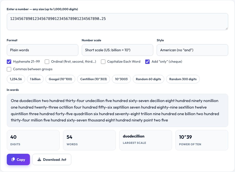 Screenshot of the free Number to Words Converter tool on AZRS QuickFix