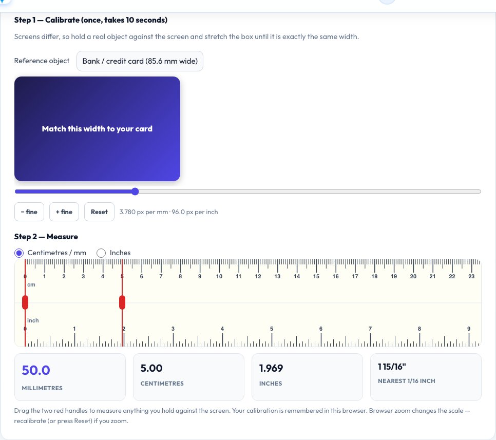 Screenshot of the free Online Ruler (cm & inches, actual size) tool on AZRS QuickFix