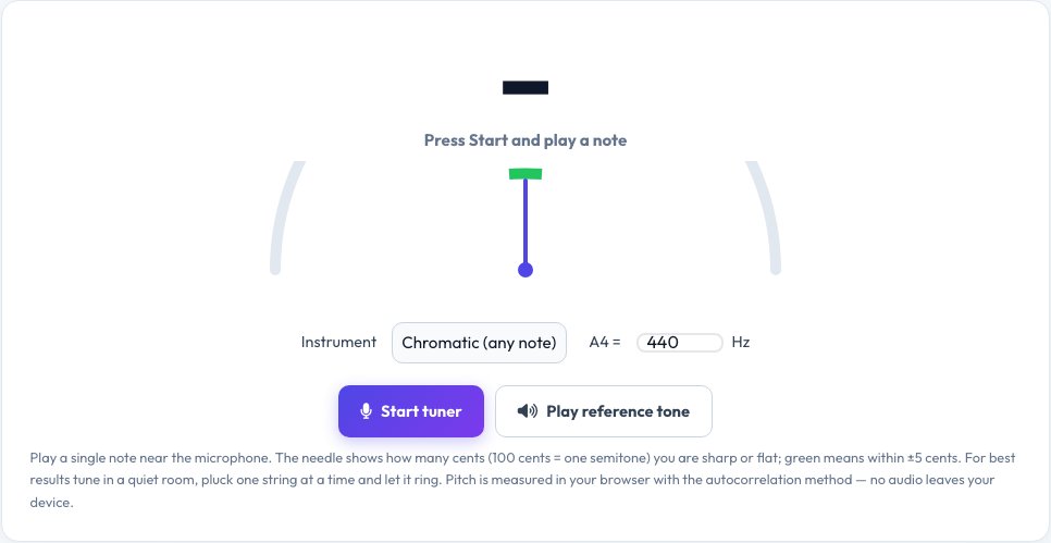 Screenshot of the free Online Tuner (Guitar, Ukulele, Violin & Chromatic) tool on AZRS QuickFix