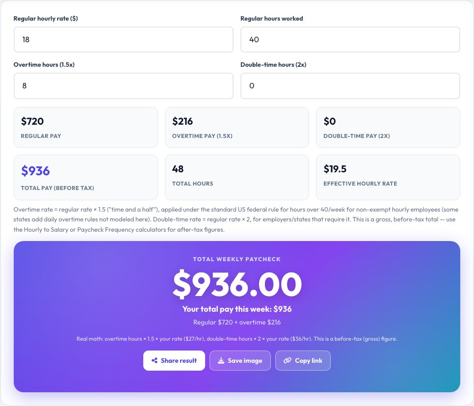 Step 1 — starting Overtime Pay Calculator (Time and a Half) on AZRS QuickFix