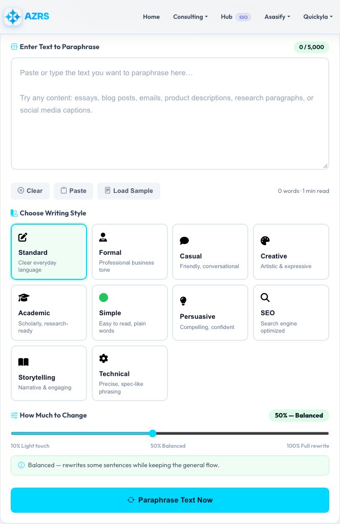 Screenshot of the free Free AI Paraphrasing Tool — 10 Writing Styles tool on AZRS QuickFix