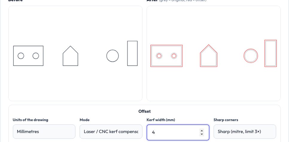 Screenshot of the free SVG / DXF Path Offset & Kerf Compensation Tool tool on AZRS QuickFix