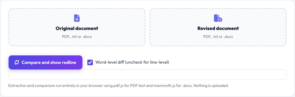 Screenshot of the free Contract/PDF Redline Diff Viewer tool on AZRS QuickFix