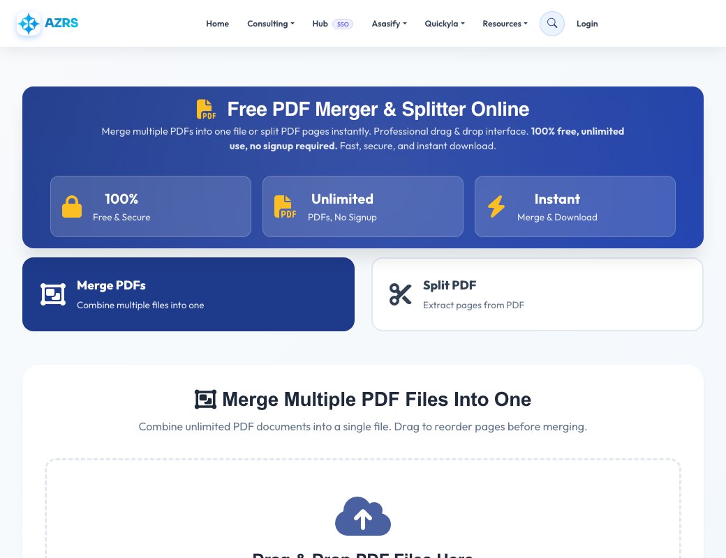 Screenshot of the free Free PDF Merger: Combine PDF Files Online tool on AZRS QuickFix