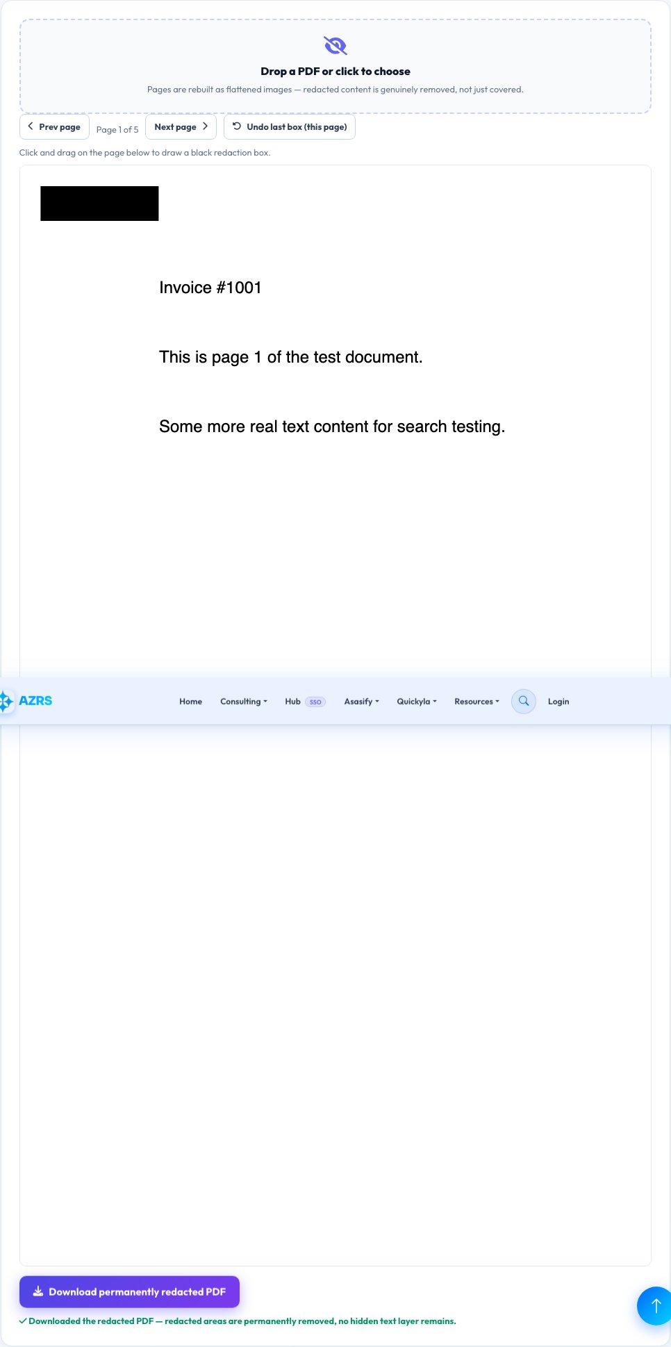 Screenshot of the free PDF Permanent Redaction Tool tool on AZRS QuickFix