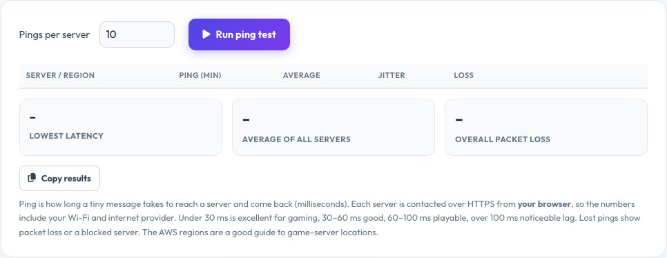 Screenshot of the free Ping Test (Latency to Game & Cloud Servers) tool on AZRS QuickFix