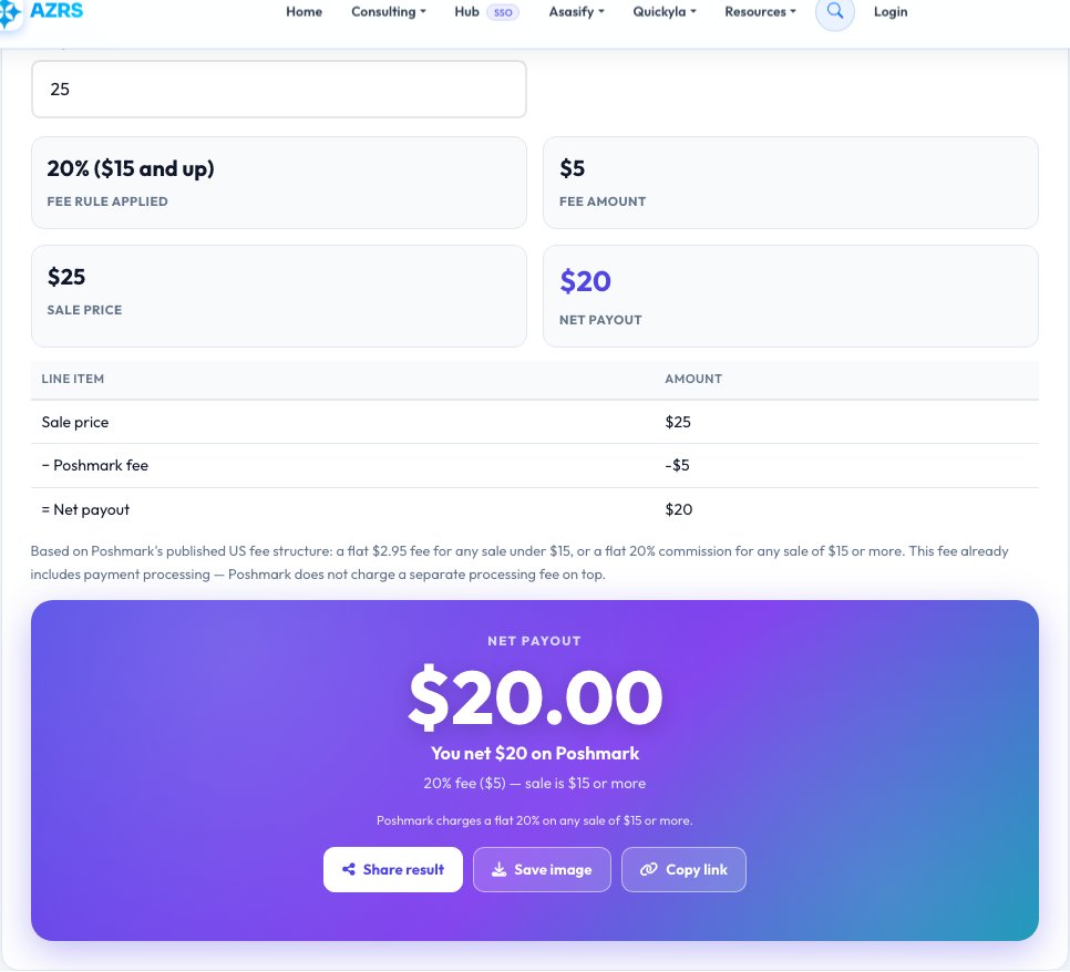 Step 1 — starting Poshmark Fee Calculator on AZRS QuickFix
