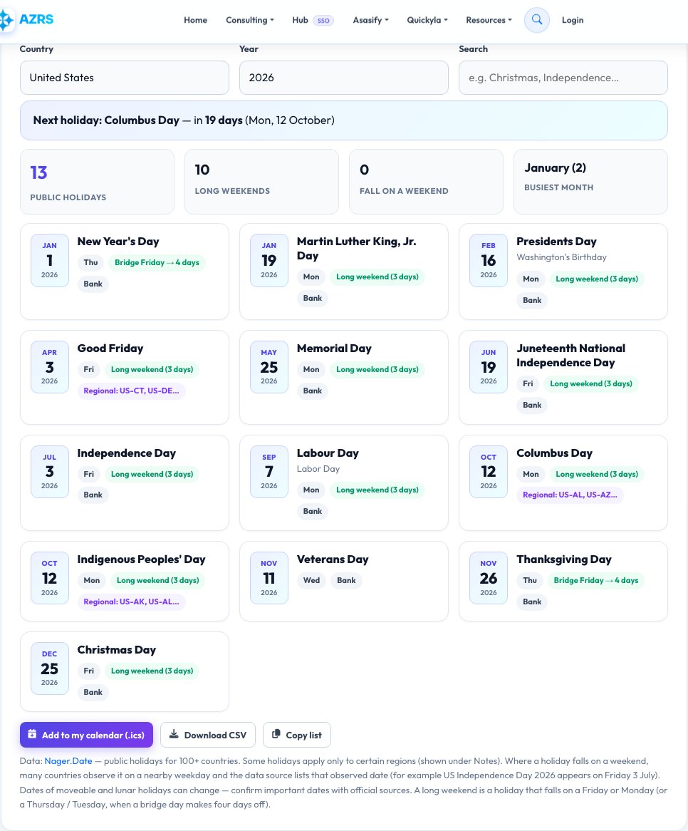 Screenshot of the free Public Holidays by Country tool on AZRS QuickFix