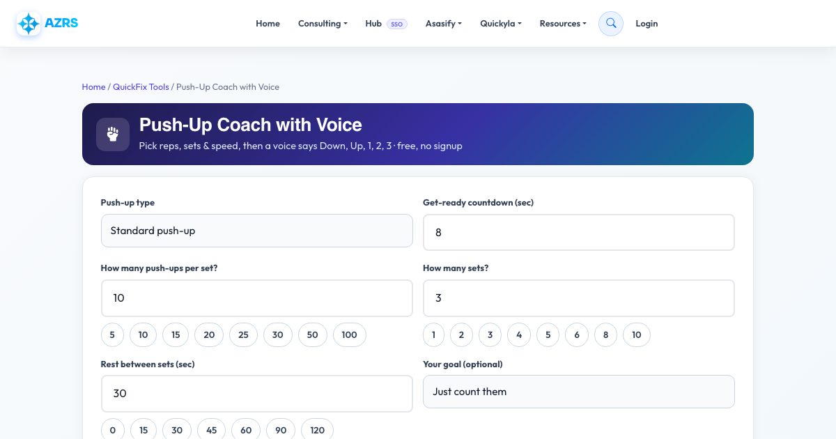 Screenshot of the free Push-Up Coach with Voice tool on AZRS QuickFix