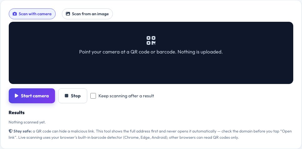 Screenshot of the free QR Code & Barcode Scanner tool on AZRS QuickFix
