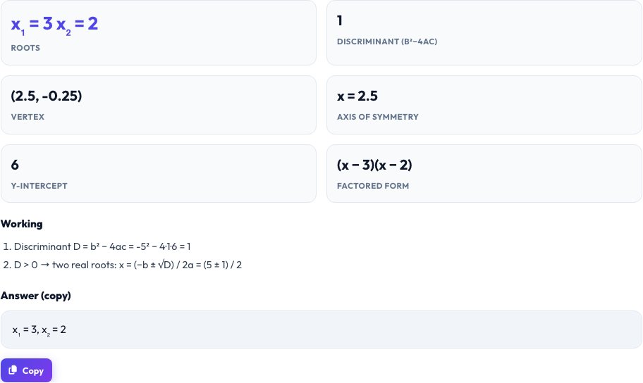 Step 2 — Quadratic Equation Solver result