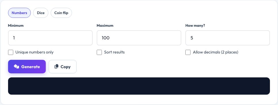 Screenshot of the free Random Number Generator tool on AZRS QuickFix