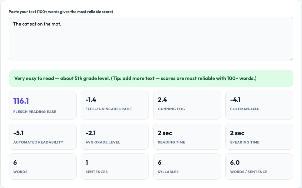 Screenshot of the free Readability Score Checker tool on AZRS QuickFix